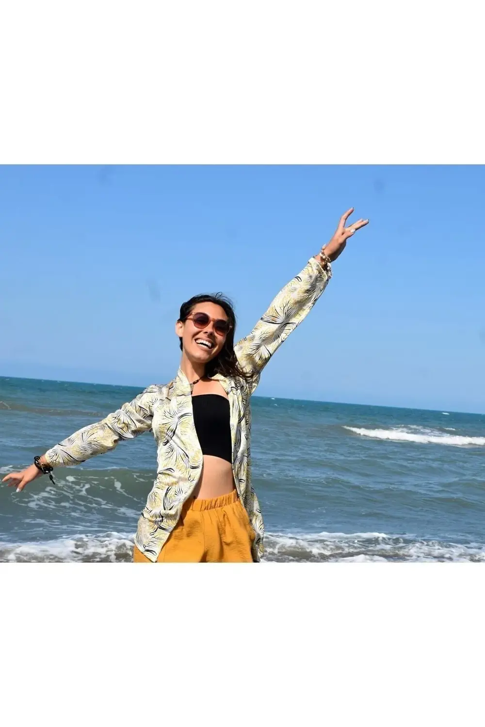 Kadın Sarı Saten Cepli Salaş Renkli Desenli Kimono Ceket Yb325024