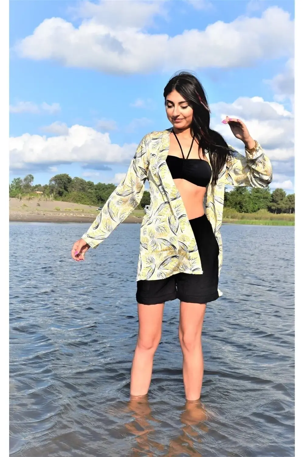 Kadın Sarı Saten Cepli Salaş Renkli Desenli Kimono Ceket Yb325024