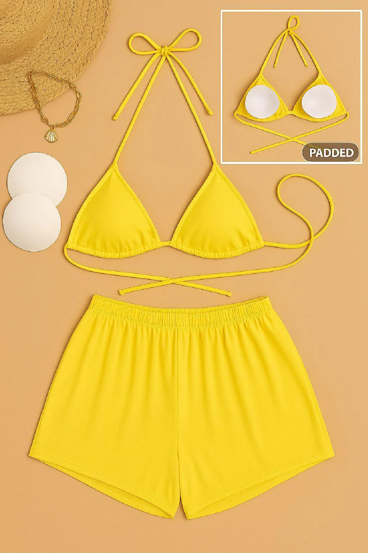 Kadın Sarı Şortlu Belden ve Boyundan Bağlamalı Bikini Takımı
