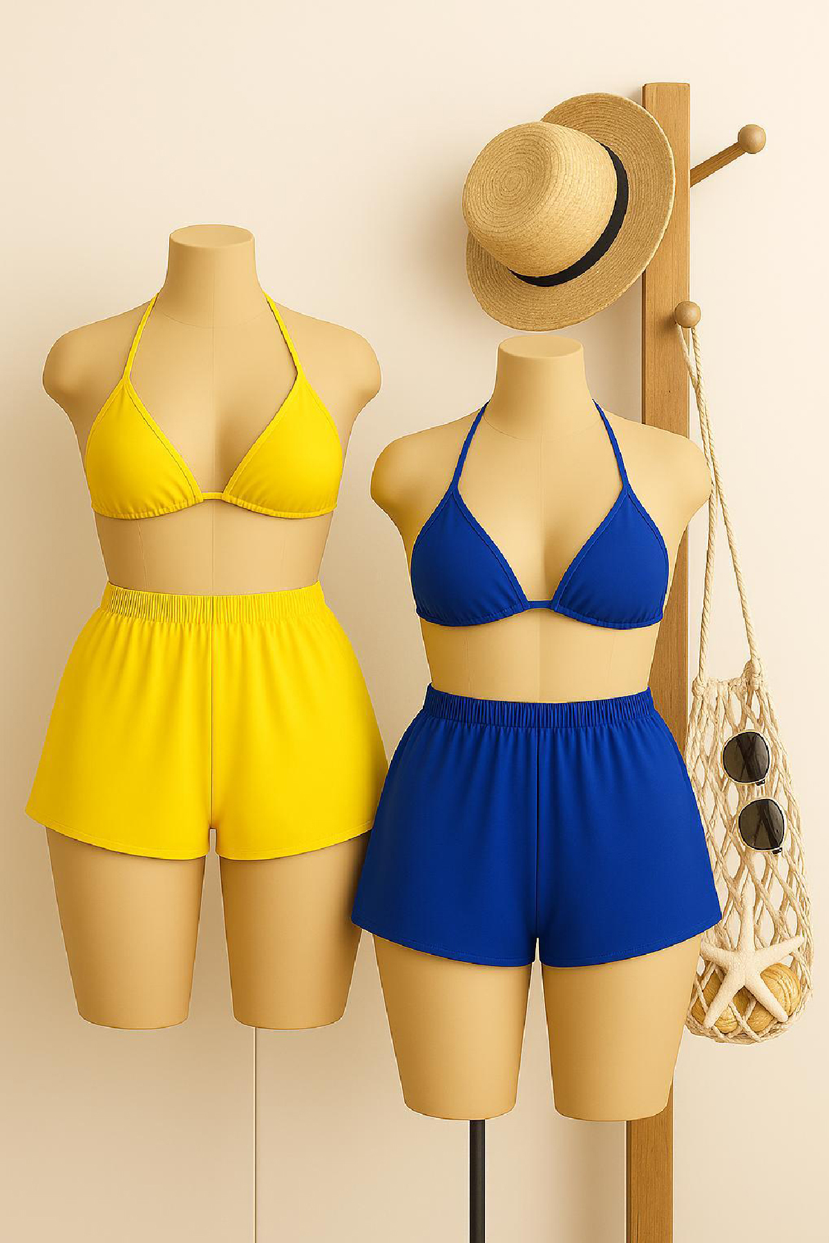 Kadın Sarı ve Mavi Şortlu Belden ve Boyundan Bağlamalı Bikini Tak