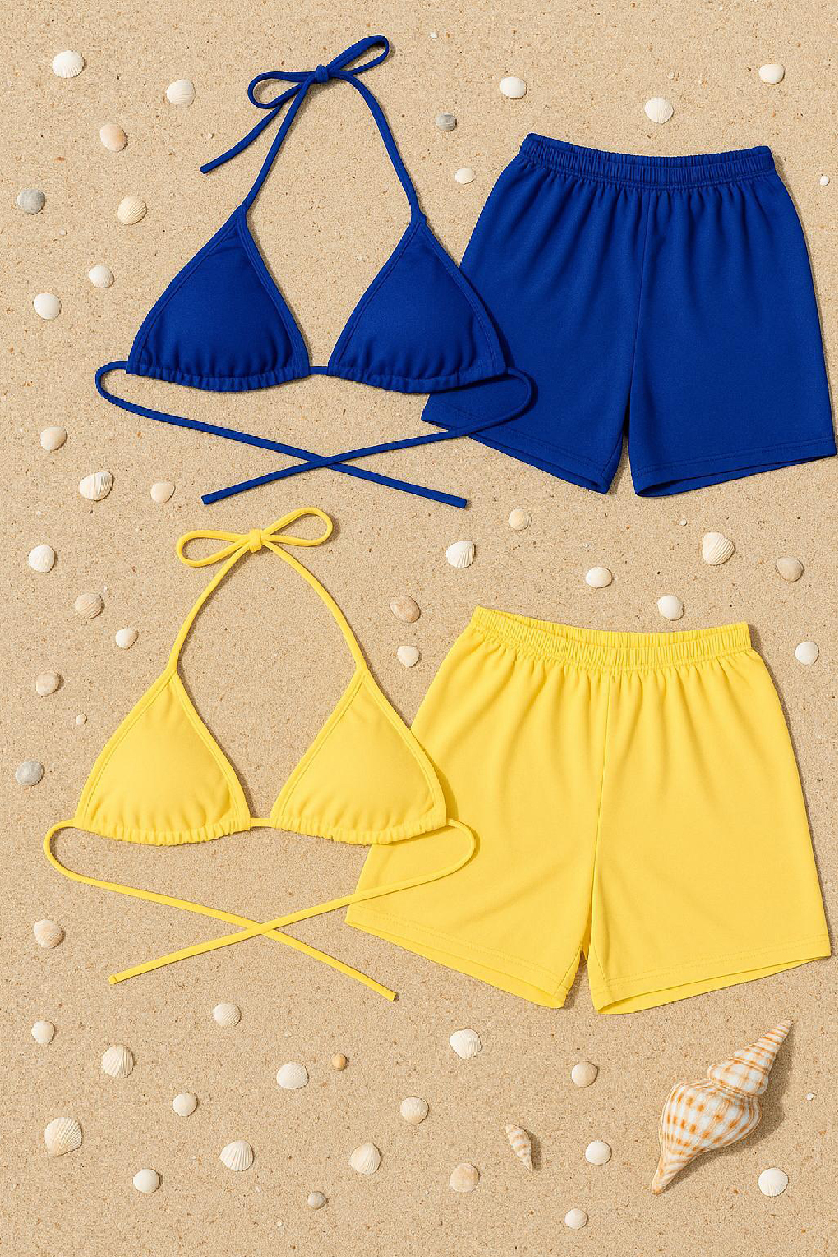 Kadın Sarı ve Mavi Şortlu Belden ve Boyundan Bağlamalı Bikini Tak