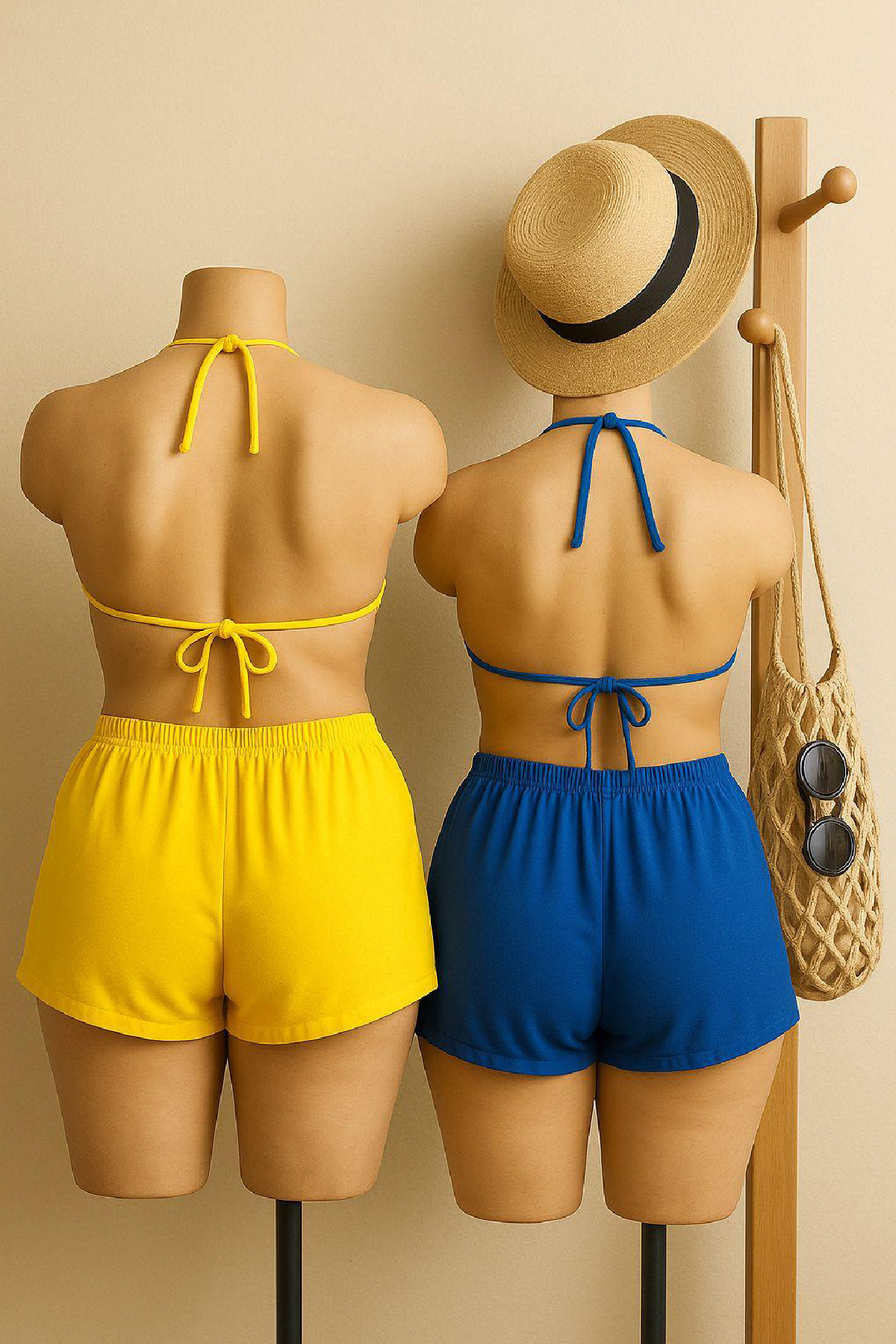 Kadın Sarı ve Mavi Şortlu Belden ve Boyundan Bağlamalı Bikini Tak