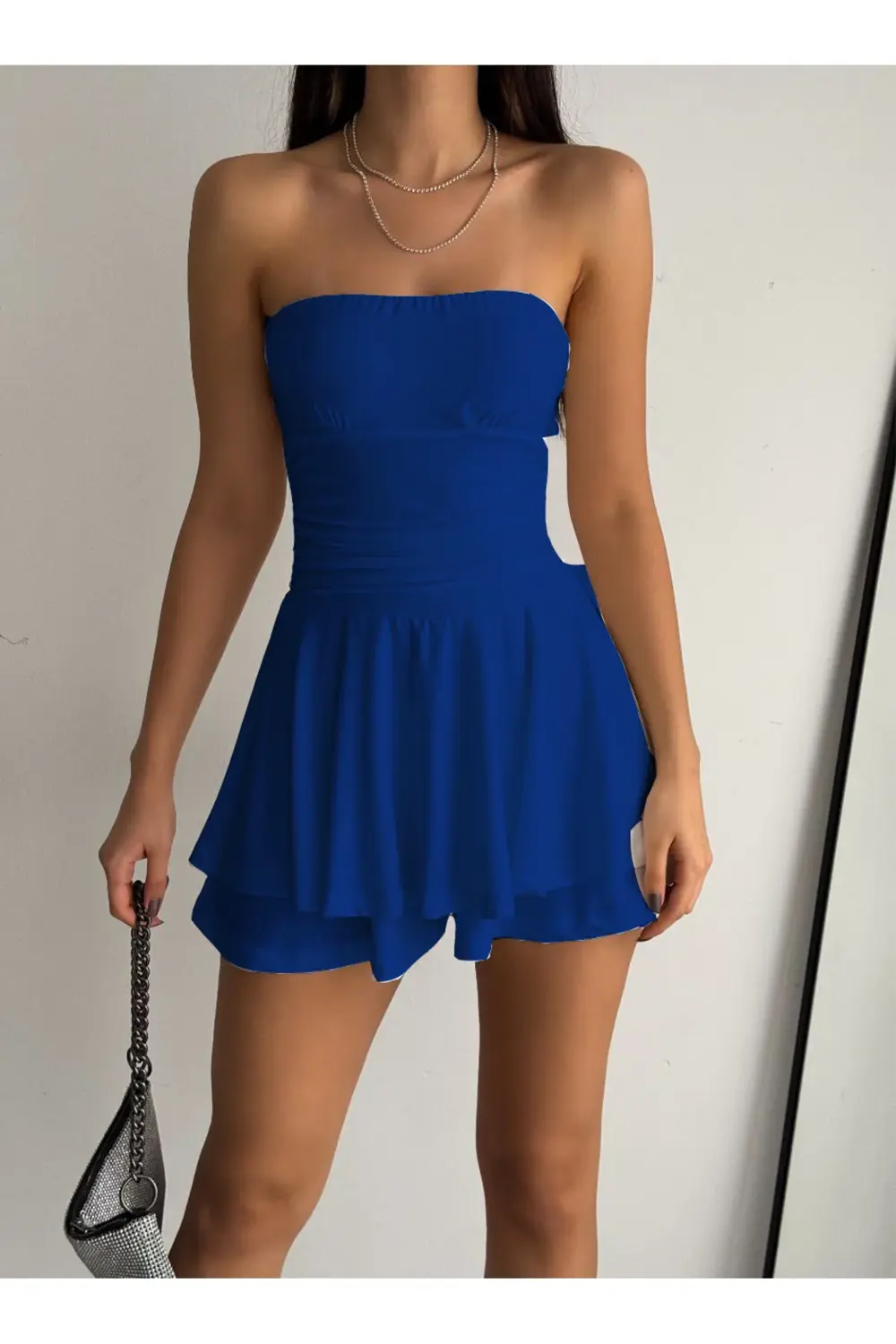 Fiolin Kadın Sax Mavisi Sandy Şortlu Straplez Elbise
