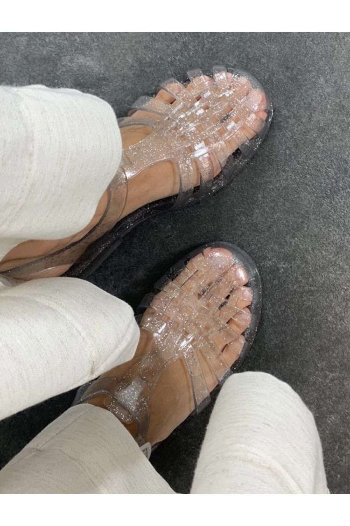 Kadın Şeffaf Gümüş Simli Jelly Sandalet