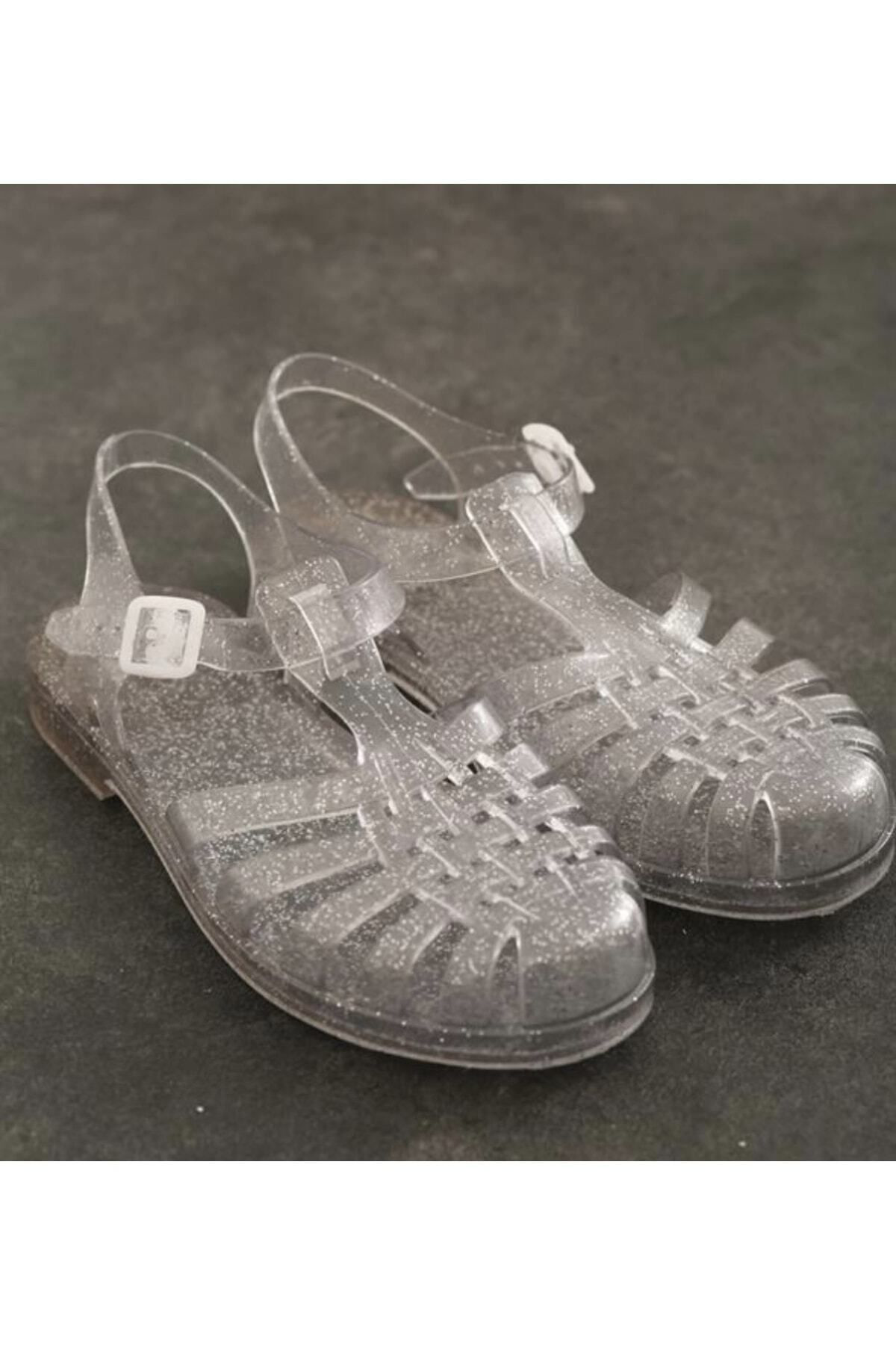 Kadın Şeffaf Gümüş Simli Jelly Sandalet