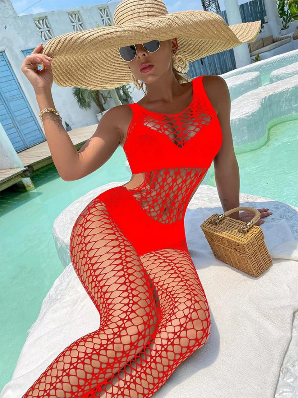 Kadın Seksi Fantazi File Çorabı Utra Esnek Büyük Beden Uygun Kırmızı