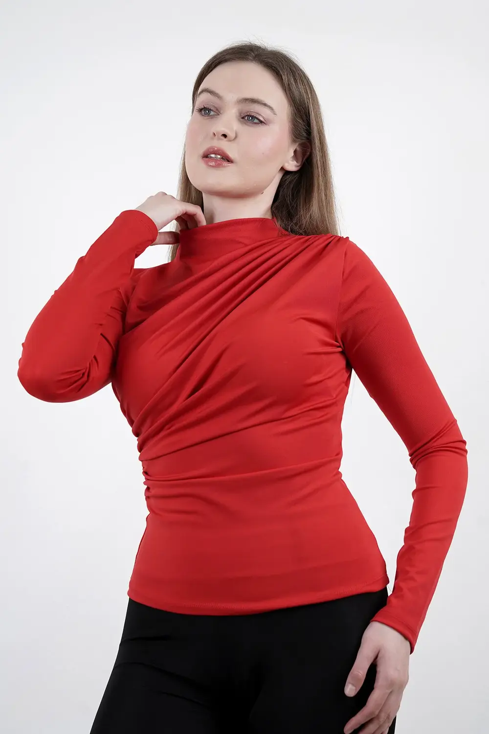 Kadın Sendy Kumaş Sıfır Yaka Drapeli Bluz