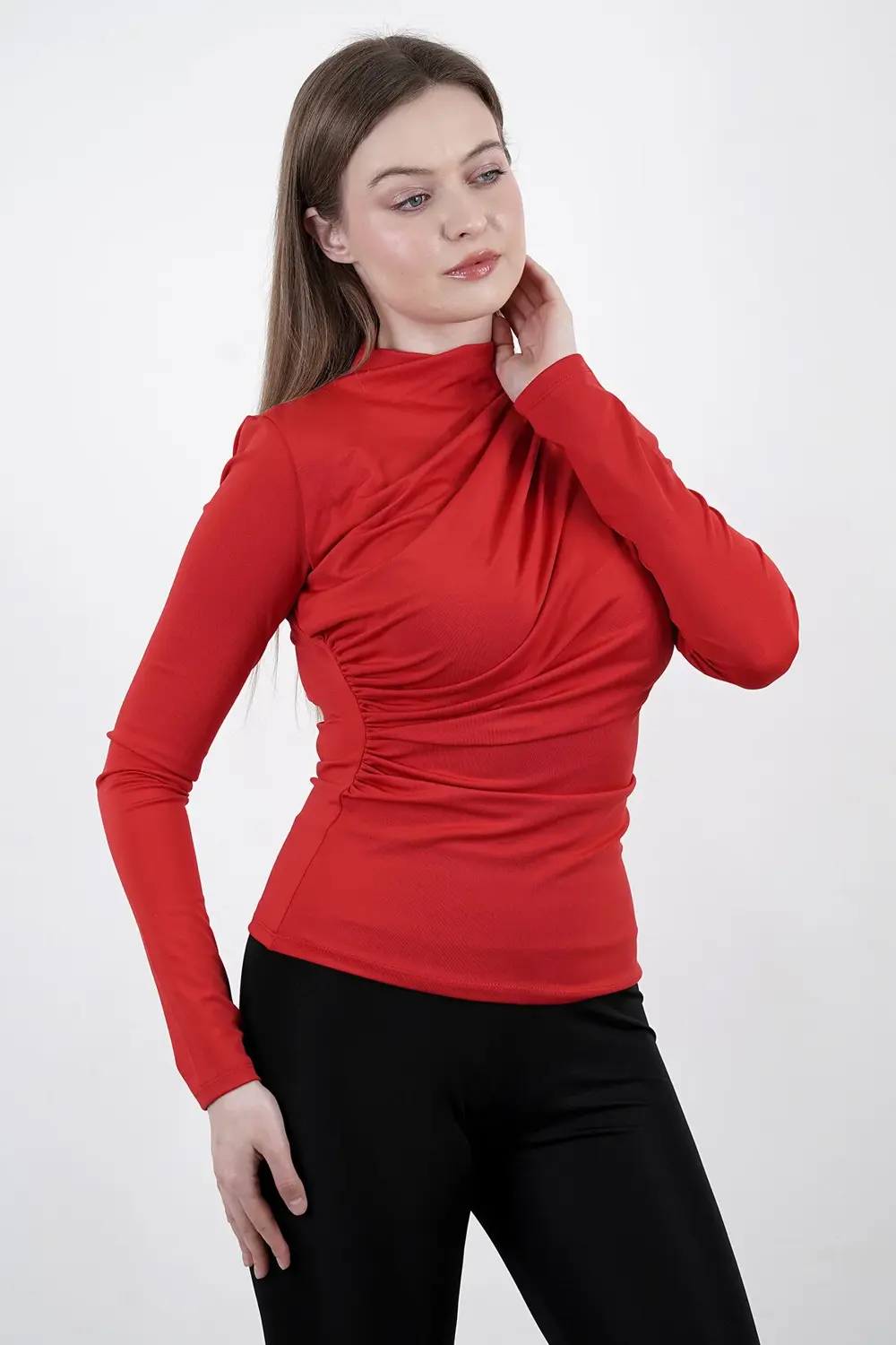 Kadın Sendy Kumaş Sıfır Yaka Drapeli Bluz