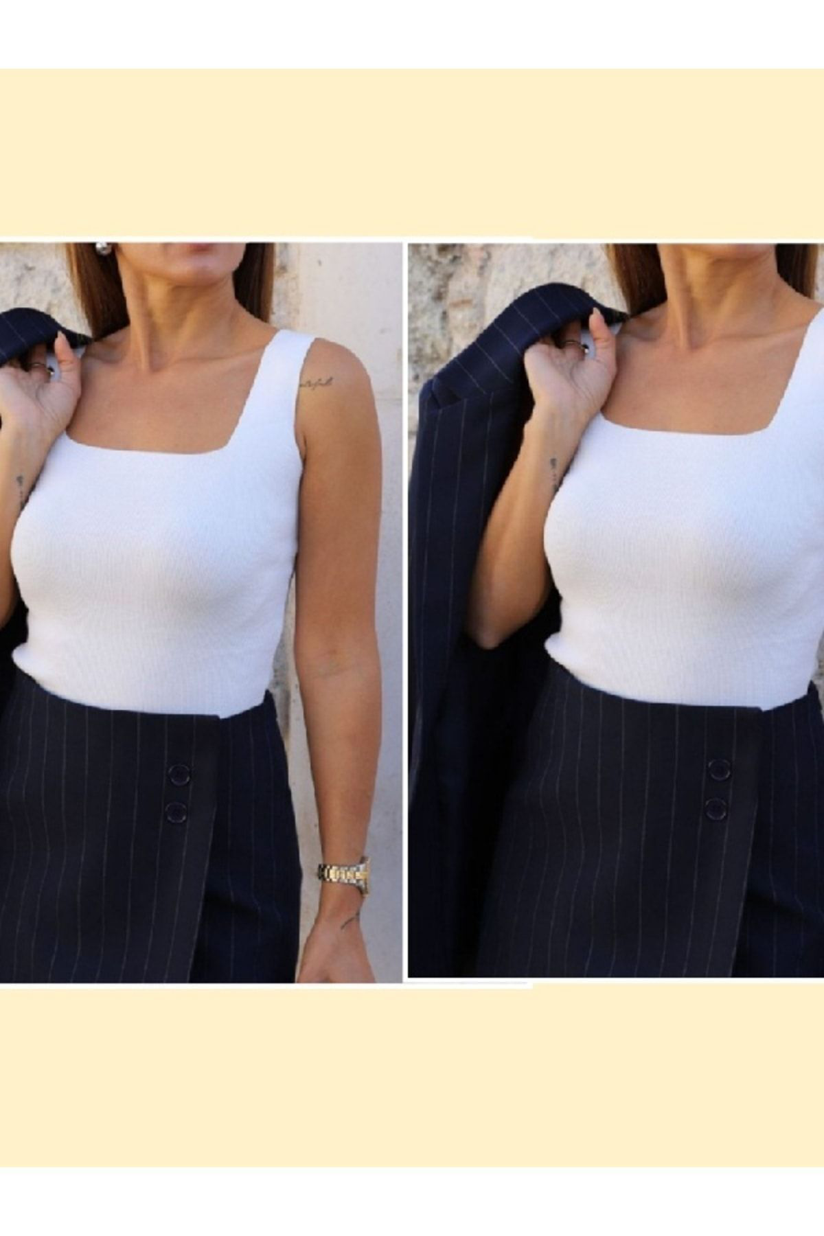 Kadın Sevgililer Günü Özel Kare Yaka Triko Atlet Bluz 2'li Beyaz 