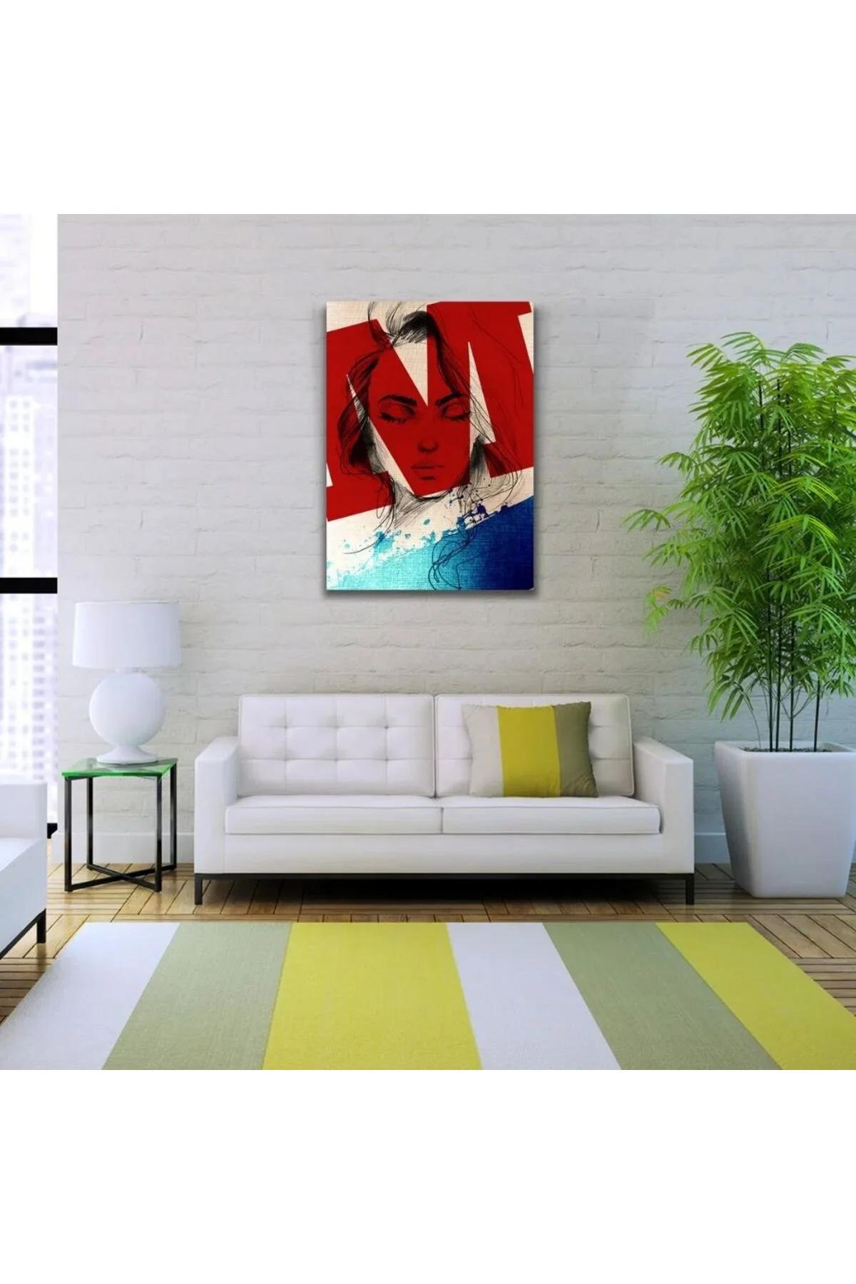 Kadın Silueti, Kırmızı. Mavi ve Beyaz Tonlarda, Kanvas Tablo 50 x 70