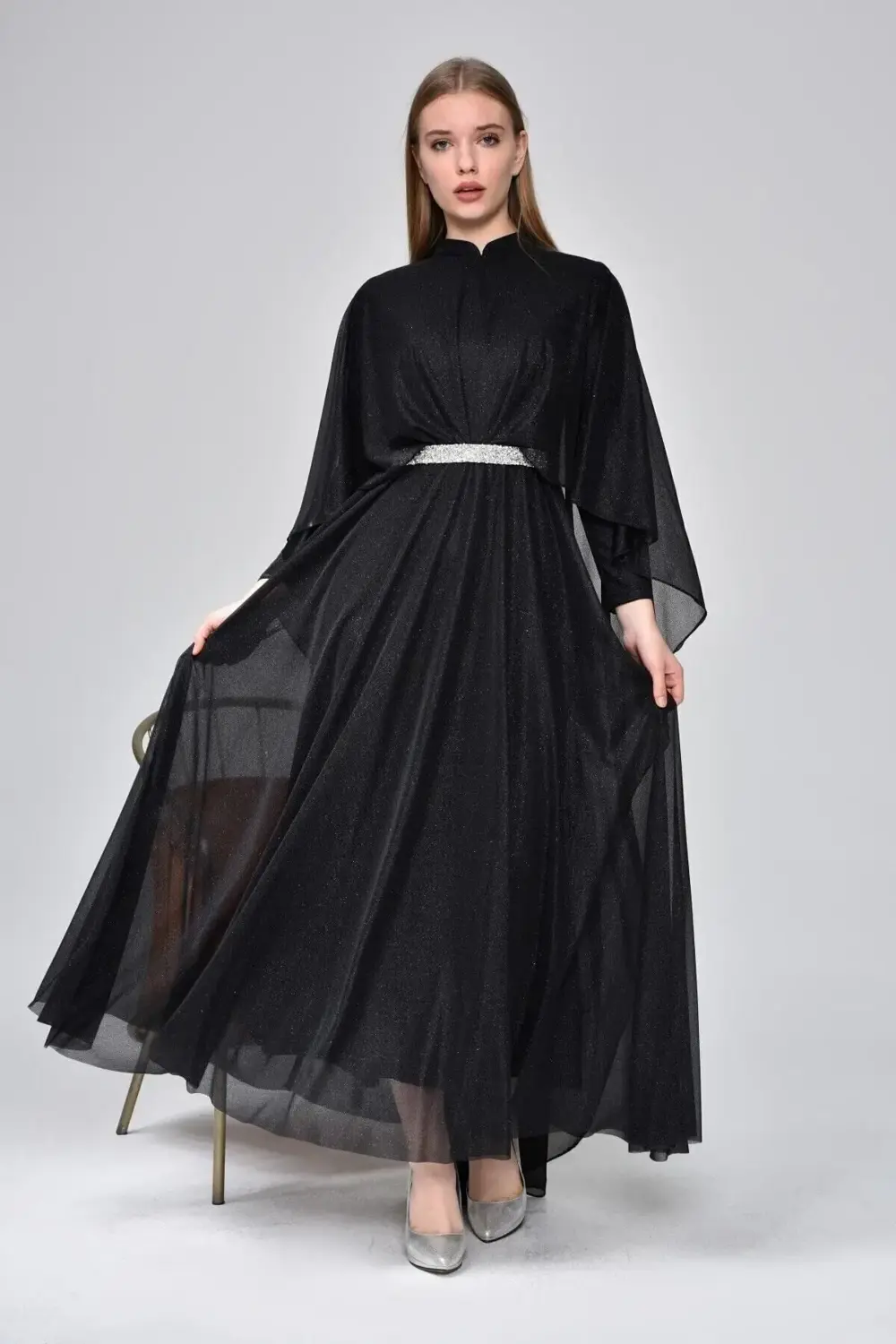 Kadin Simli Ve Pelerinli Tesettur Abiye Buyuk Beden Elbise Siyah