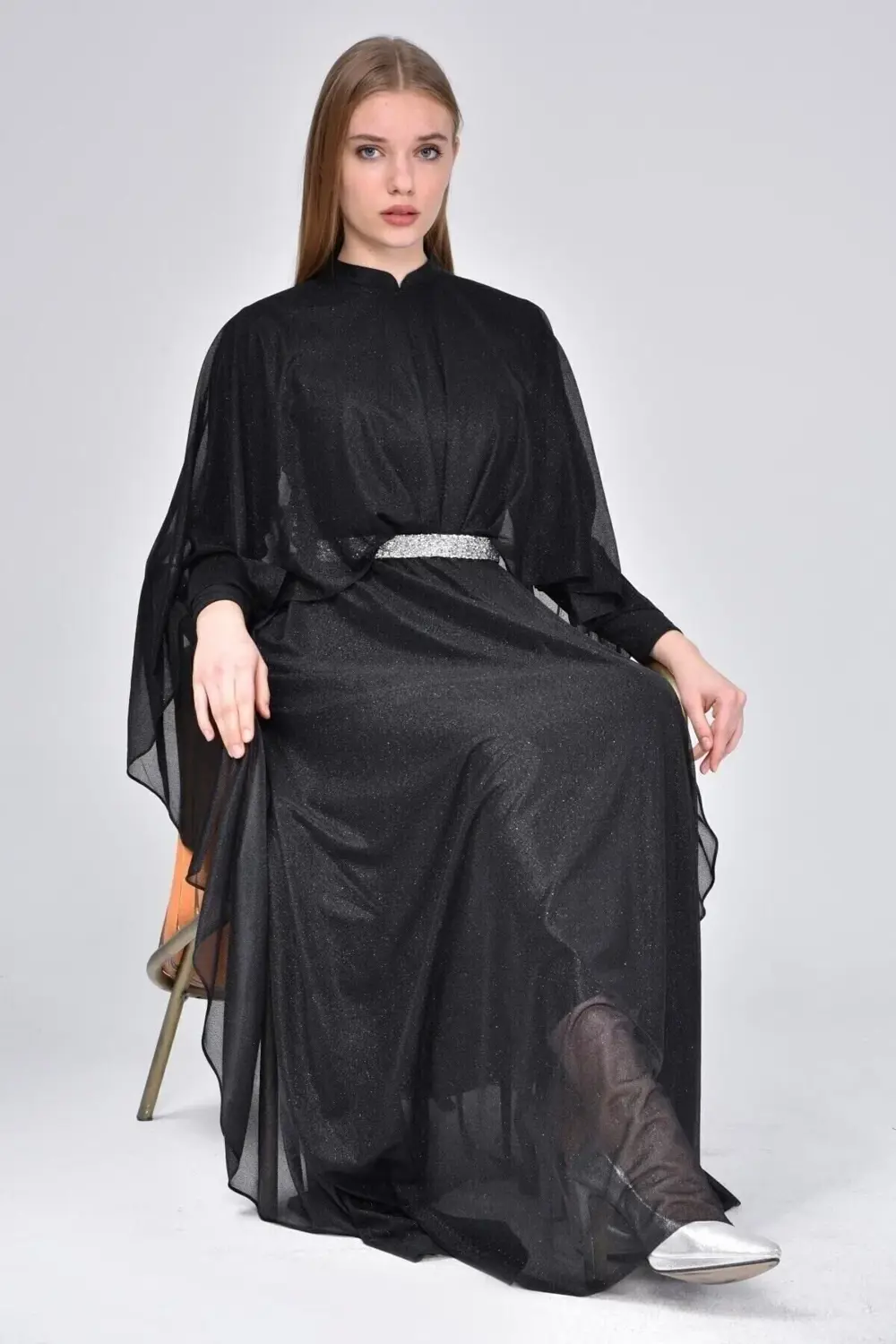 Kadin Simli Ve Pelerinli Tesettur Abiye Buyuk Beden Elbise Siyah