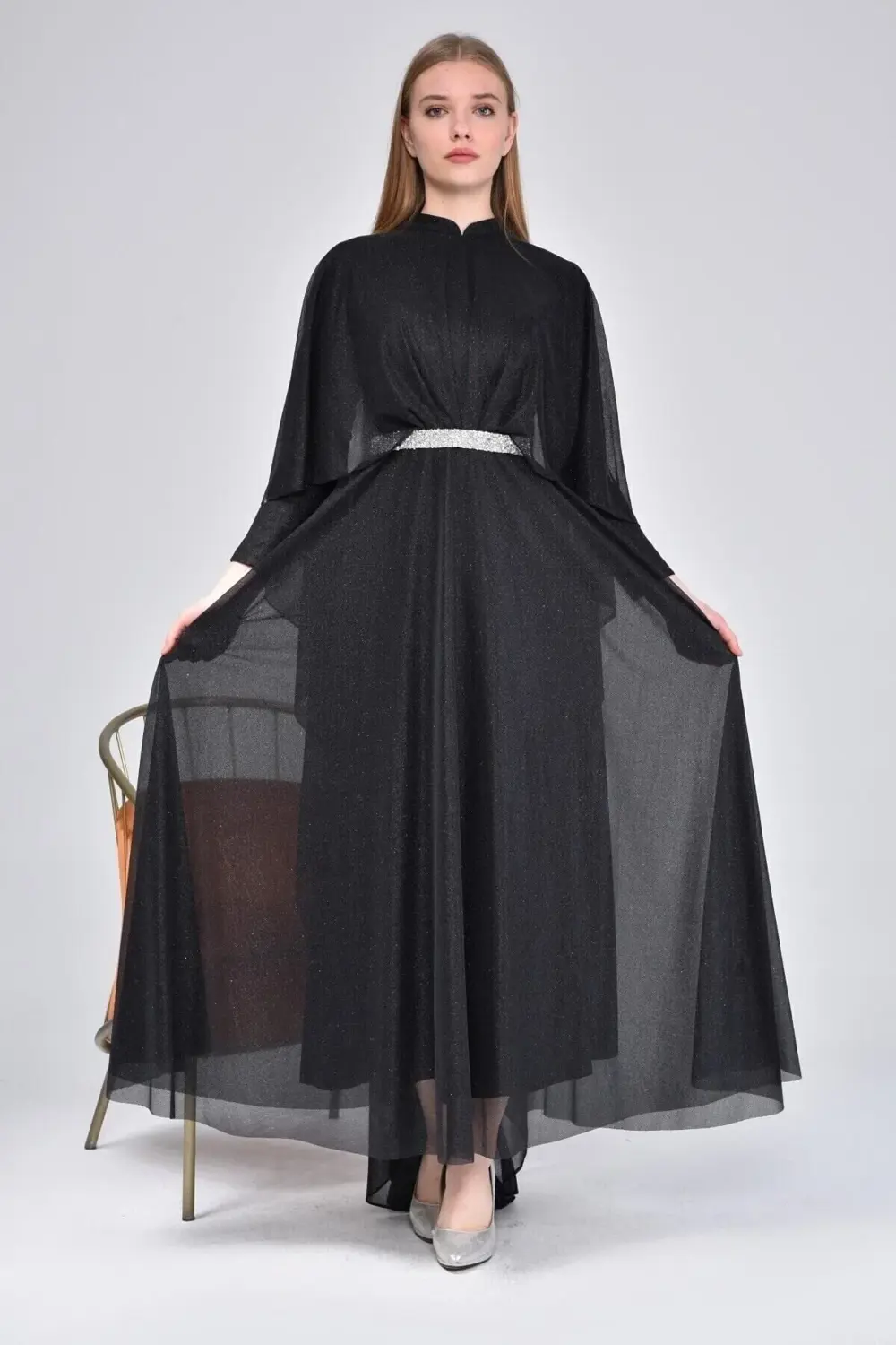 Kadin Simli Ve Pelerinli Tesettur Abiye Buyuk Beden Elbise Siyah