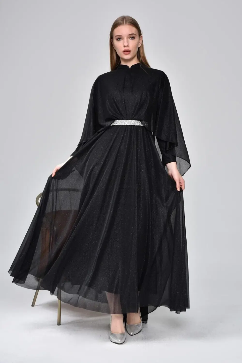 Kadin Simli Ve Pelerinli Tesettur Abiye Buyuk Beden Elbise Siyah