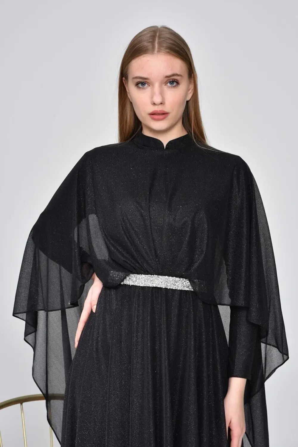 Kadin Simli Ve Pelerinli Tesettur Abiye Buyuk Beden Elbise Siyah