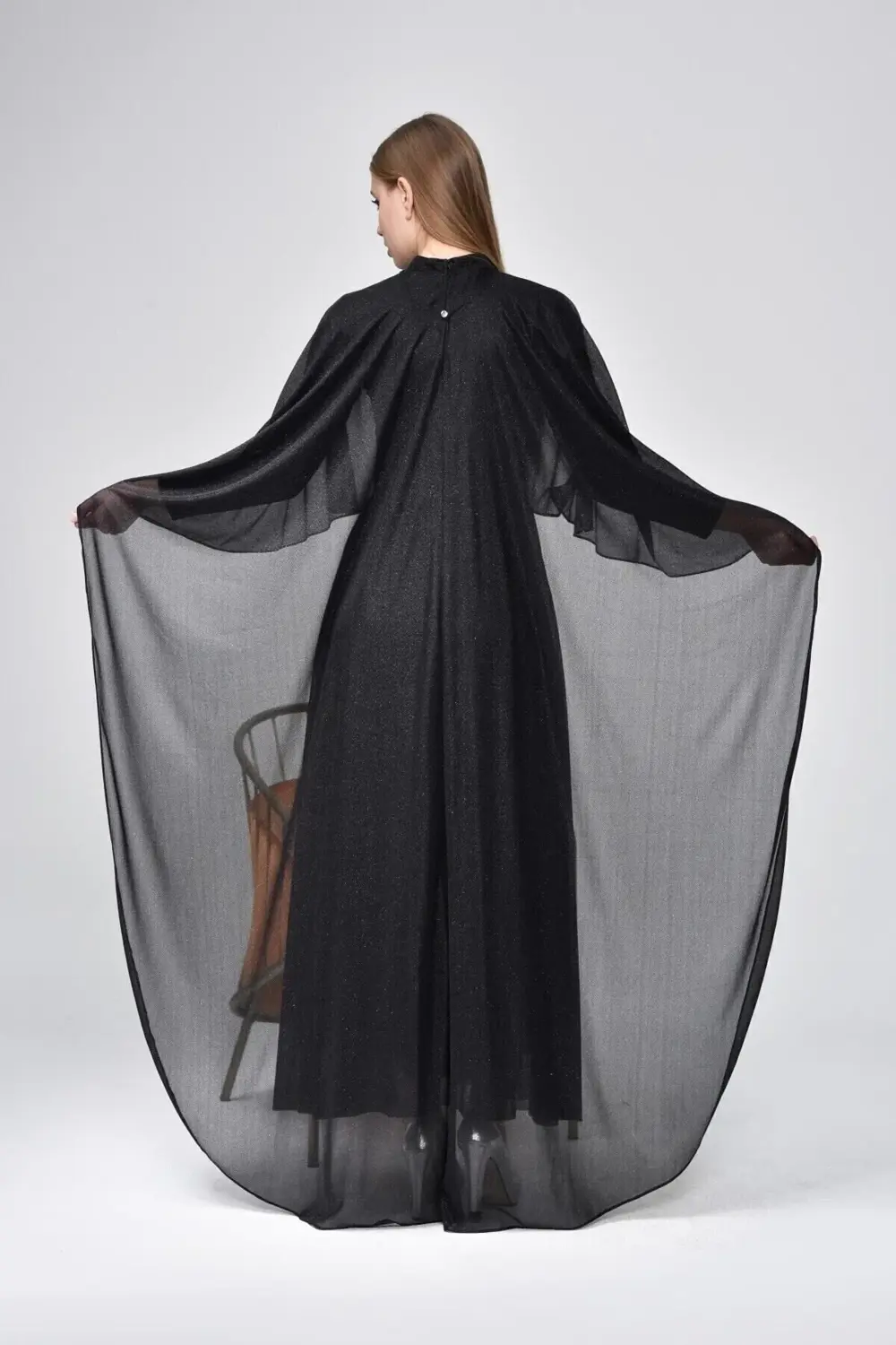 Kadin Simli Ve Pelerinli Tesettur Abiye Buyuk Beden Elbise Siyah