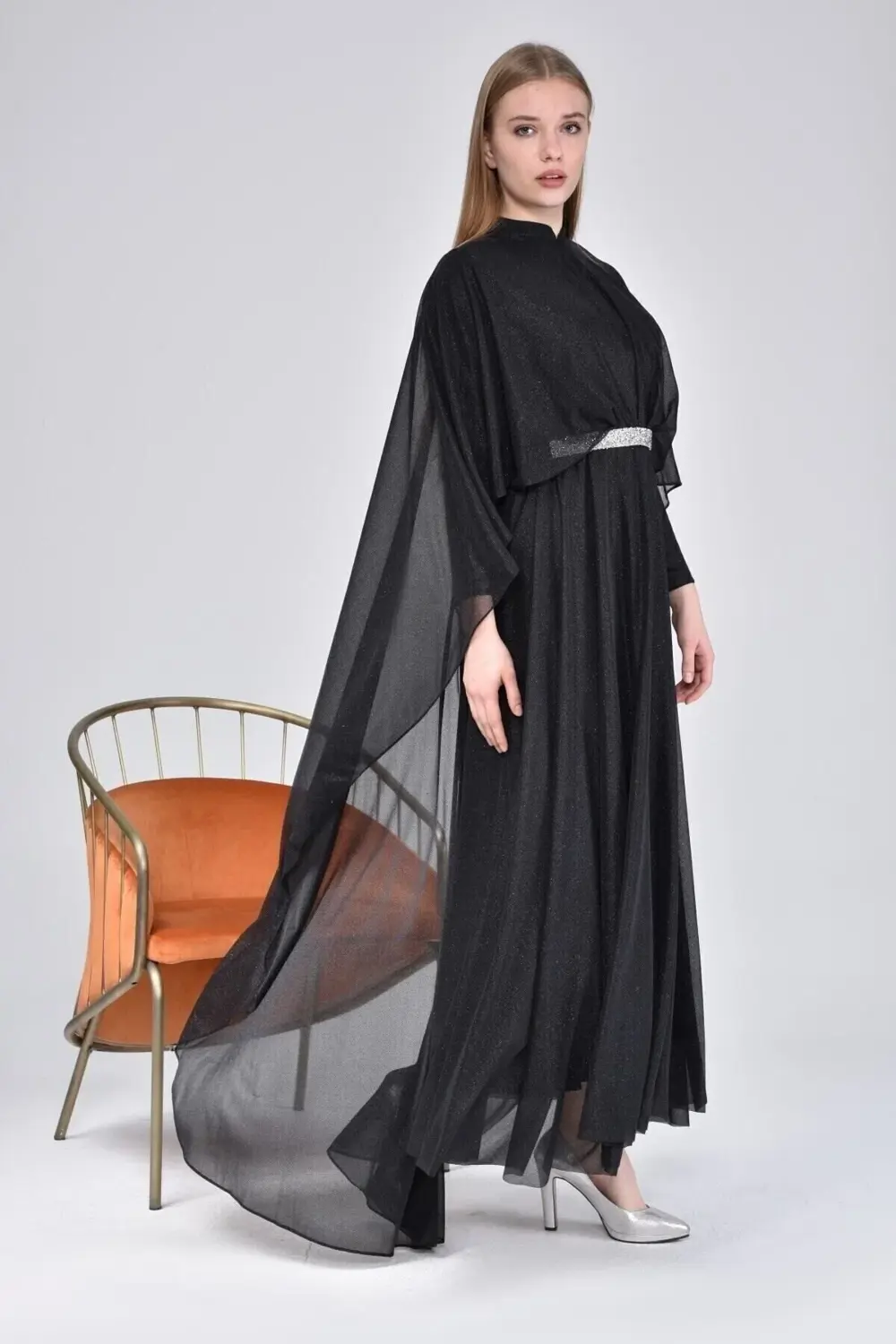 Kadin Simli Ve Pelerinli Tesettur Abiye Buyuk Beden Elbise Siyah