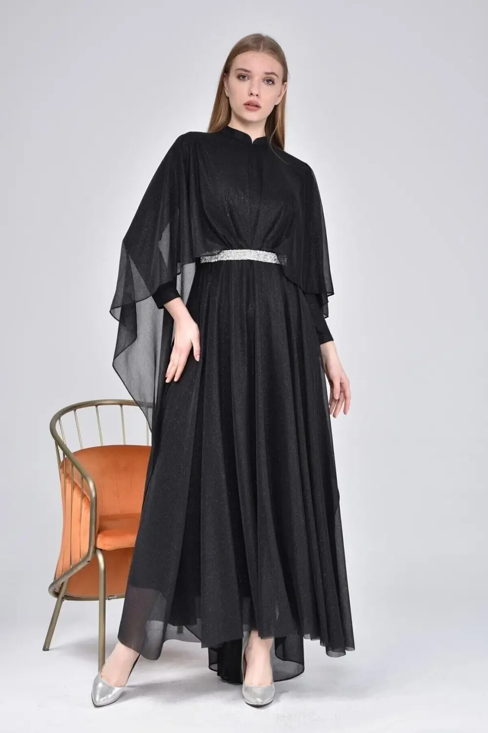 Kadin Simli Ve Pelerinli Tesettur Abiye Buyuk Beden Elbise Siyah