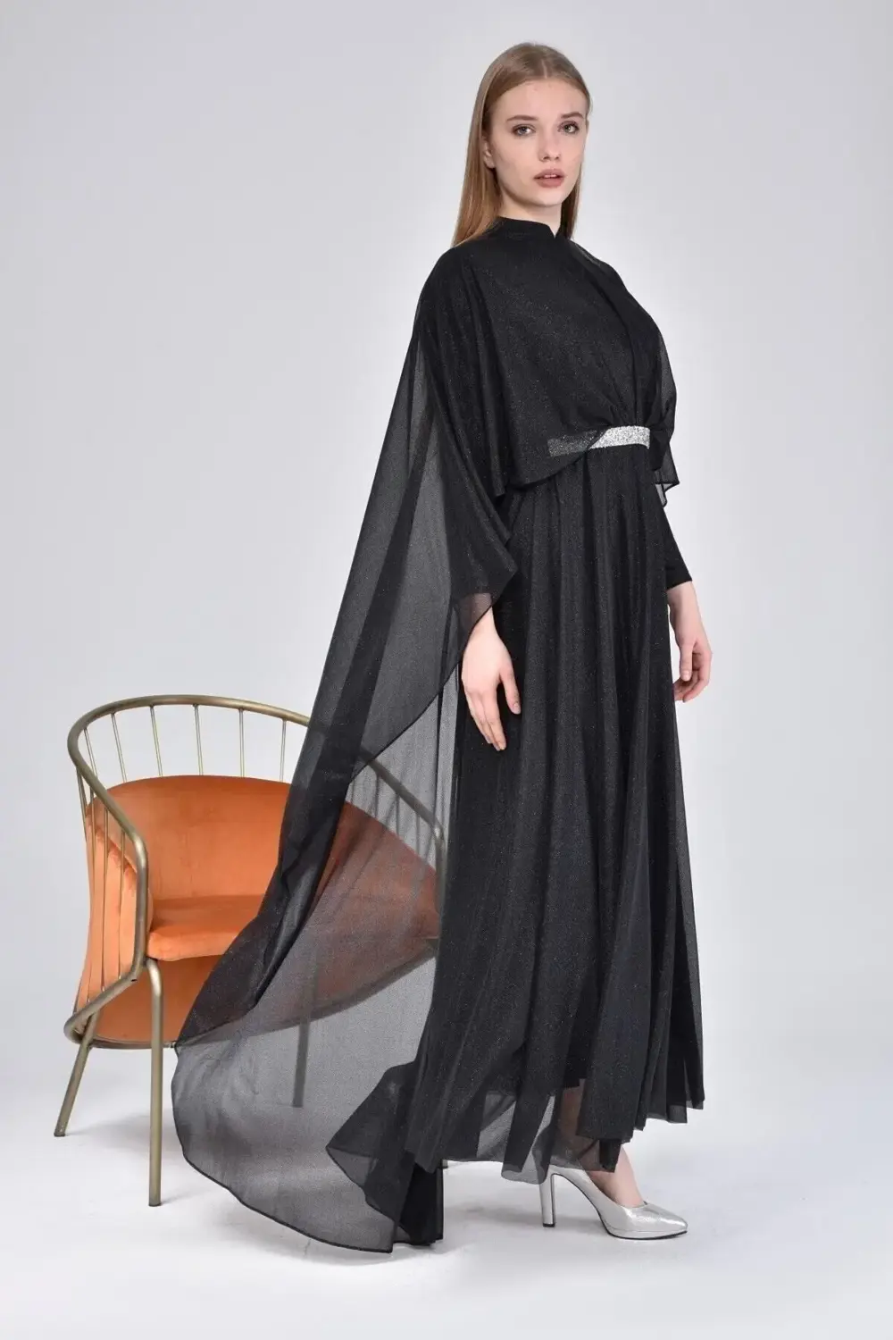 Kadin Simli Ve Pelerinli Tesettur Abiye Buyuk Beden Elbise Siyah