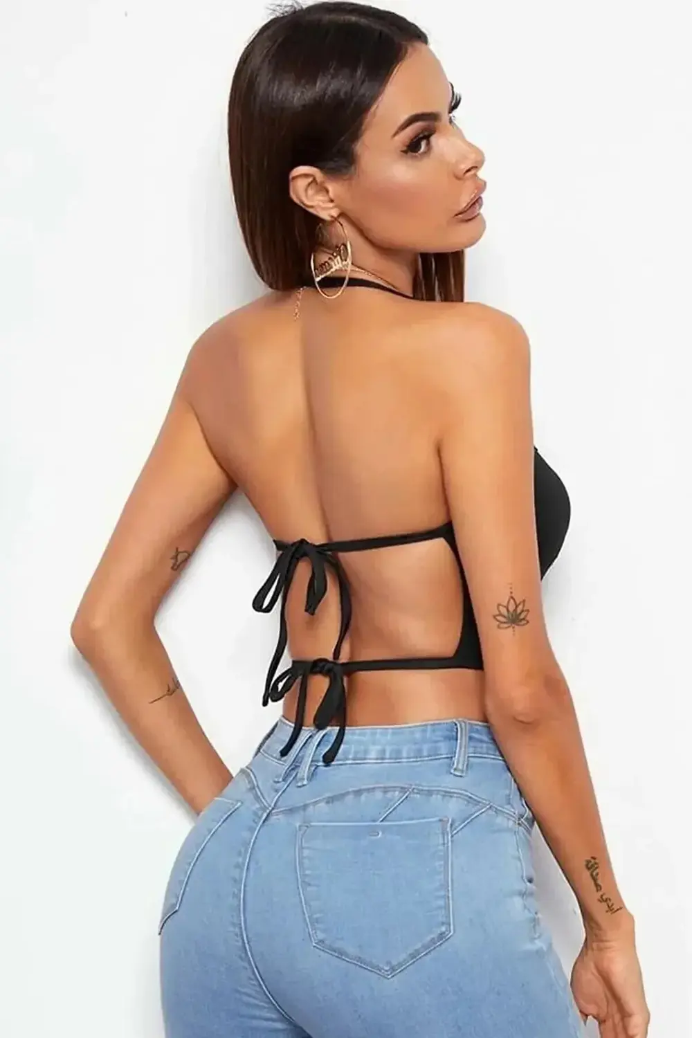 Kadın Sırtı Açık Siyah Belden Bağlamalı Crop Büstiyer