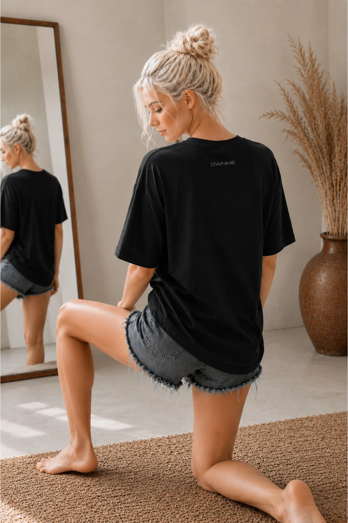 Kadın siyah %100 Pamuk oversiz basic tişört - rahat kalıp relaxed bisiklet yaka t-shirt