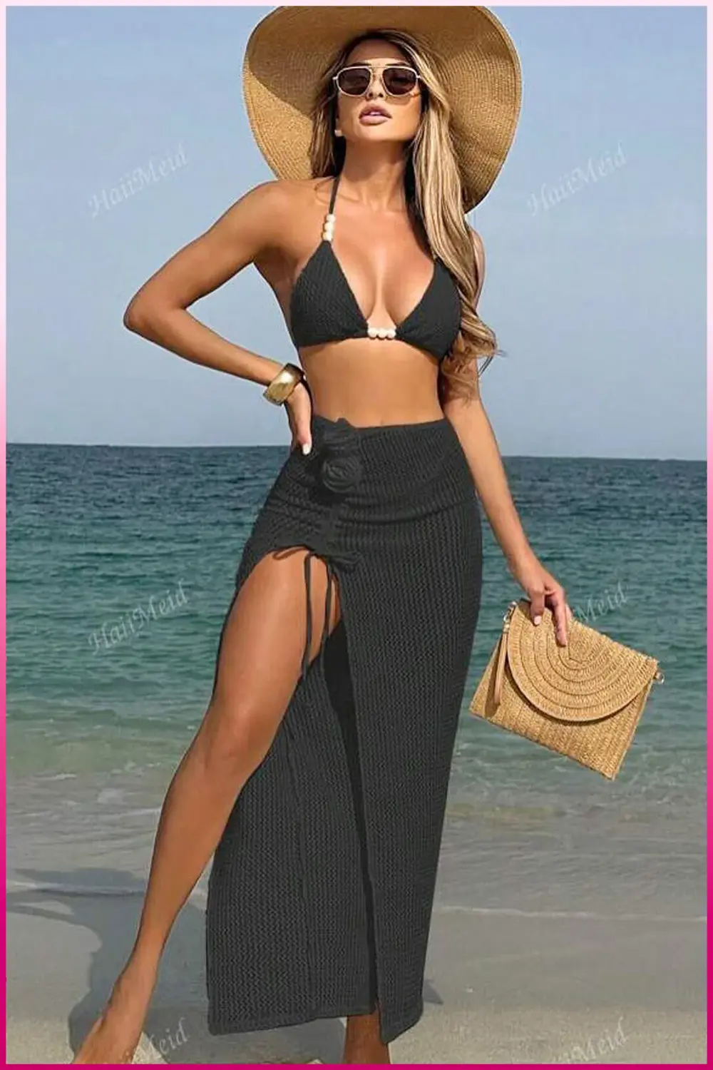 Kadın Siyah Askılı İncili Mayo Takımı