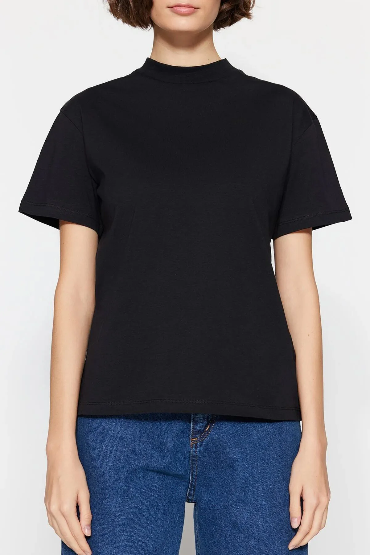 Kadın Siyah Basic Örme T-shirt