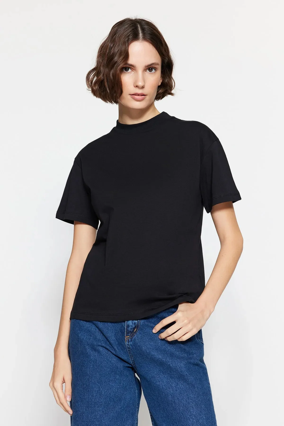 Kadın Siyah Basic Örme T-shirt