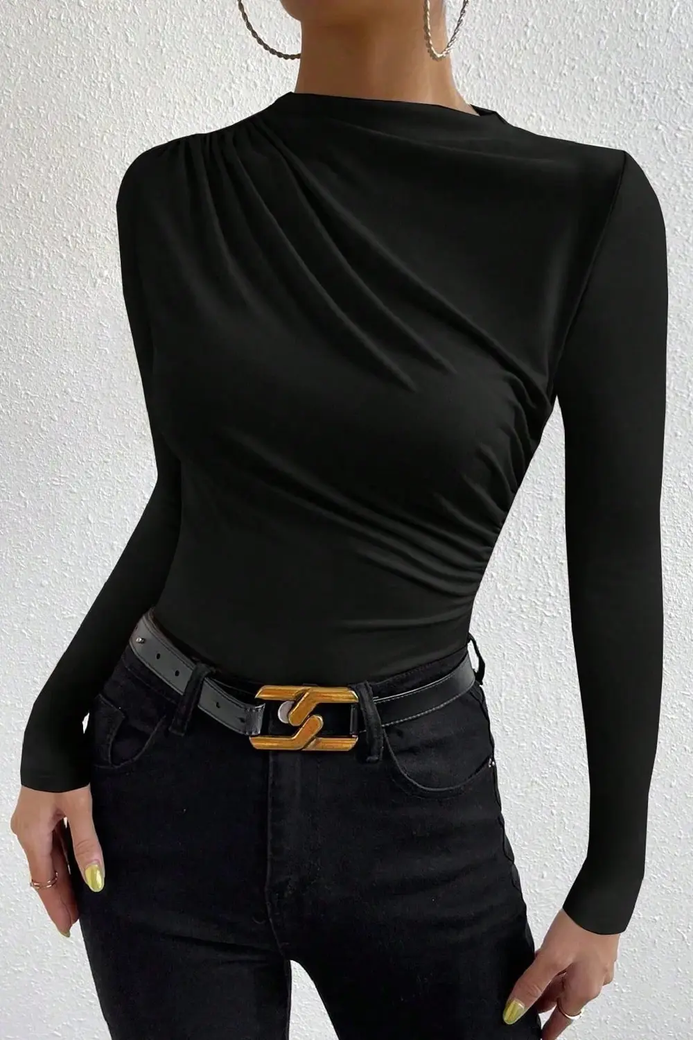 Kadın Siyah Belden Ve Boyundan Büzgü Detaylı Uzun Kollu Bluz