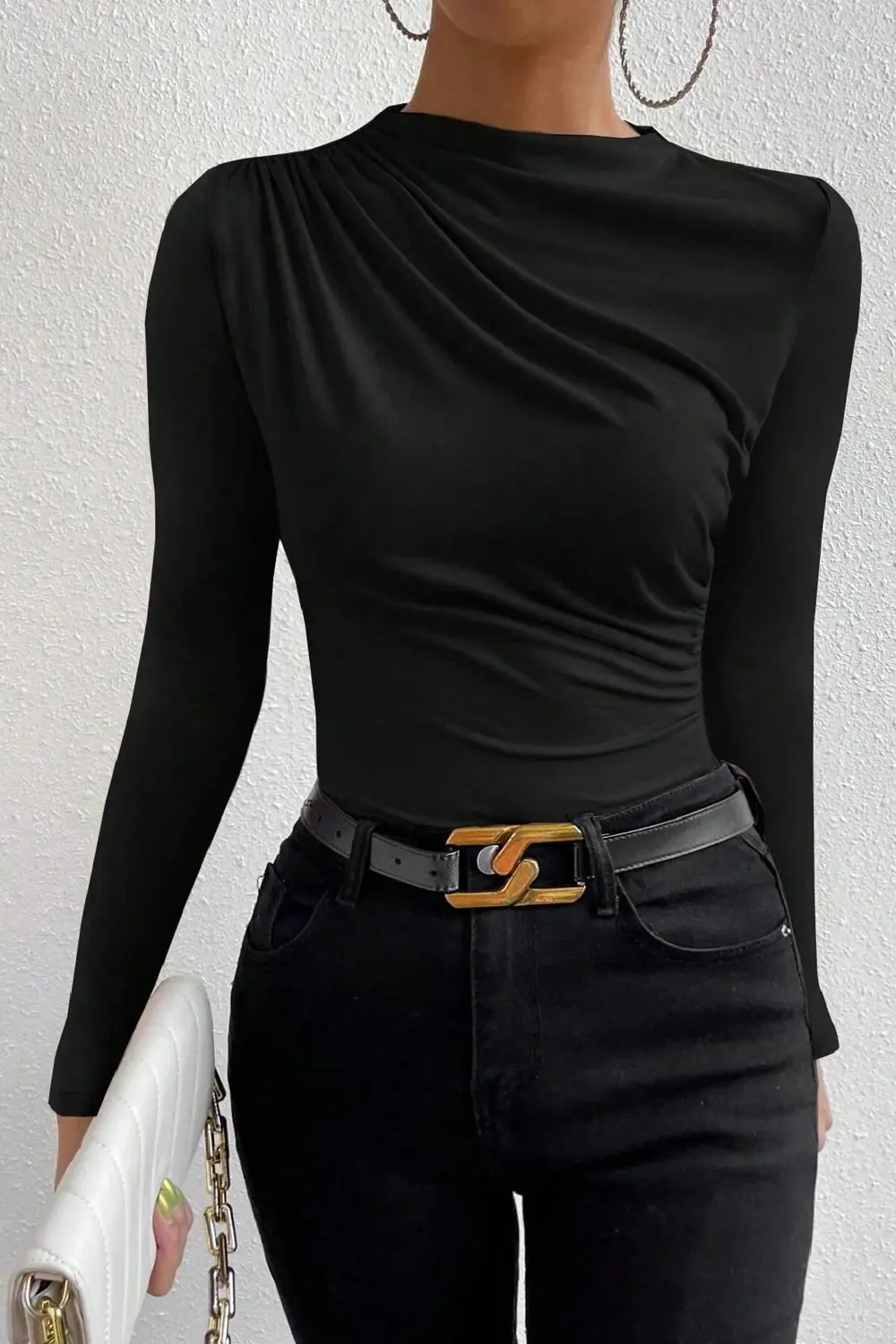 Kadın Siyah Belden Ve Boyundan Büzgü Detaylı Uzun Kollu Bluz