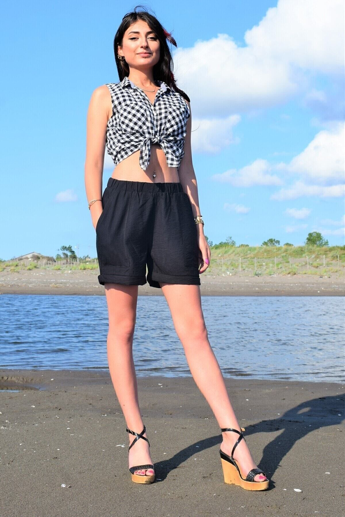 Pasaklı Giyim Kadın Siyah Beli Lastikli Keten Cepli Kısa Rahat Şort 289160