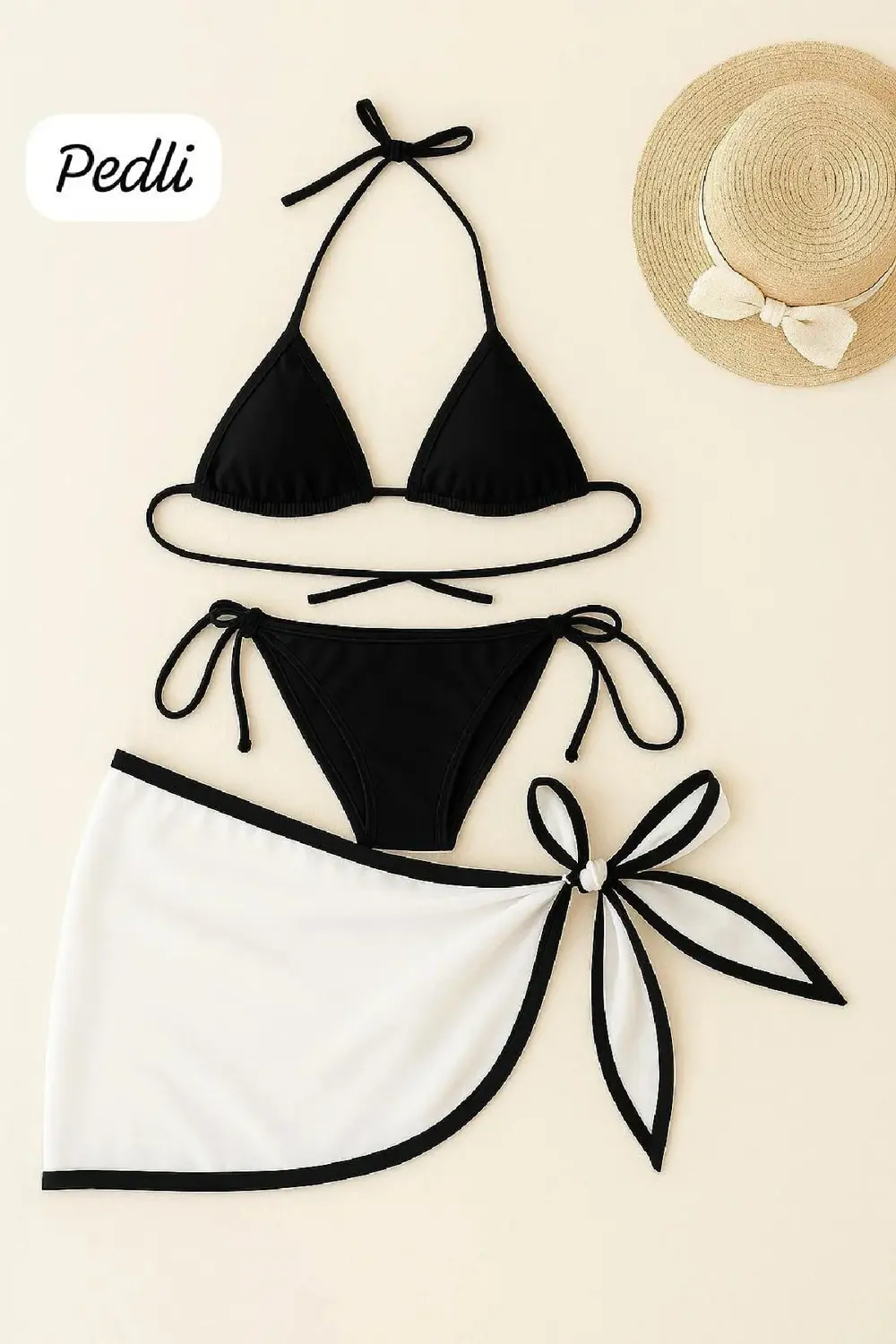 Kadın Siyah Beyaz Pareolu Yandan Ve Boyundan Bağlamalı 3'lü Bikin