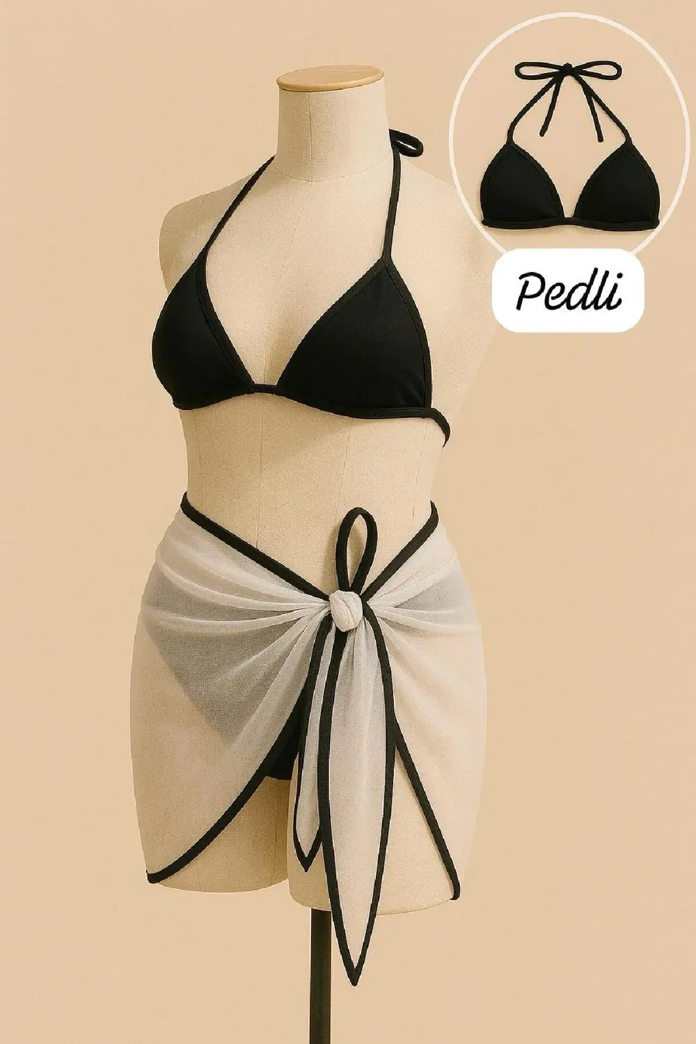 Kadın Siyah Beyaz Pareolu Yandan Ve Boyundan Bağlamalı 3'lü Bikin