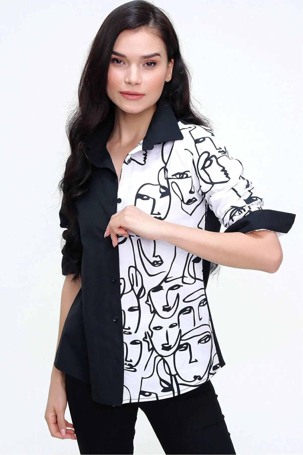 Pasaklı Giyim Kadın Siyah Beyaz Yüz Silüetli Uzun Kollu Rahat Tarz Basic Gömlek