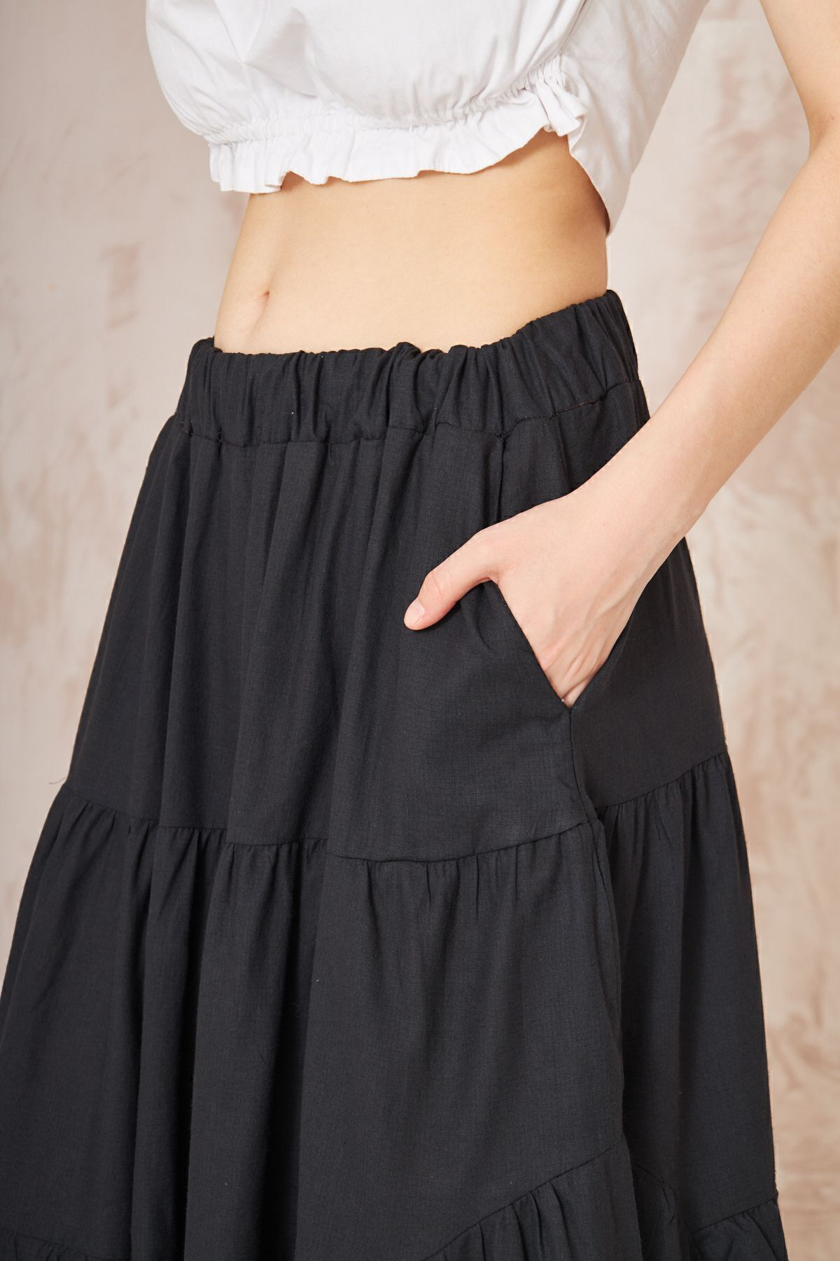 Yıldızistan Kadın Siyah Cepli Asimetrik Kesim Fırfırlı Beli Lastikli Kloş 3 K