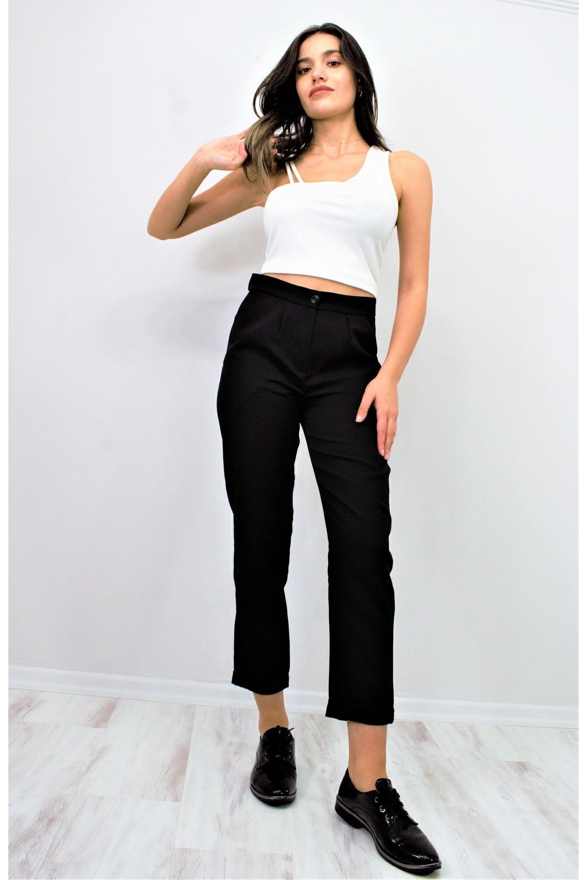 Pasaklı Giyim Kadın Siyah Cepli Duble Paça Dar Kalıp Pliseli Havuç Pantolon 317
