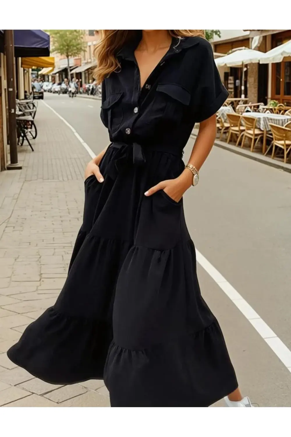 Kadın Siyah Cepli Kısa Kol Katlı Tam Boy Uzun Günlük Yazlık Giy Ç