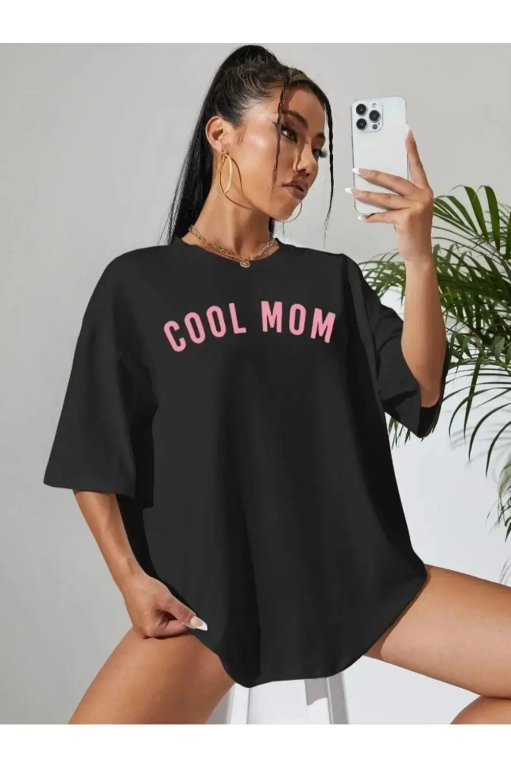Kadın Siyah Cool Mom Baskılı Oversize Bisiklet Yaka Hamile Tişört