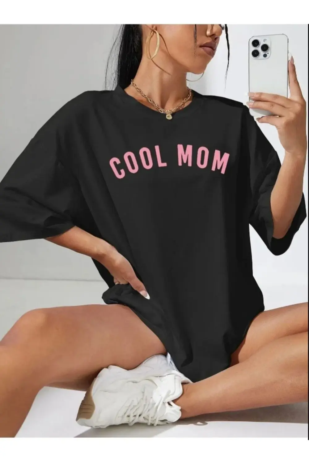 Kadın Siyah Cool Mom Baskılı Oversize Bisiklet Yaka Hamile Tişört