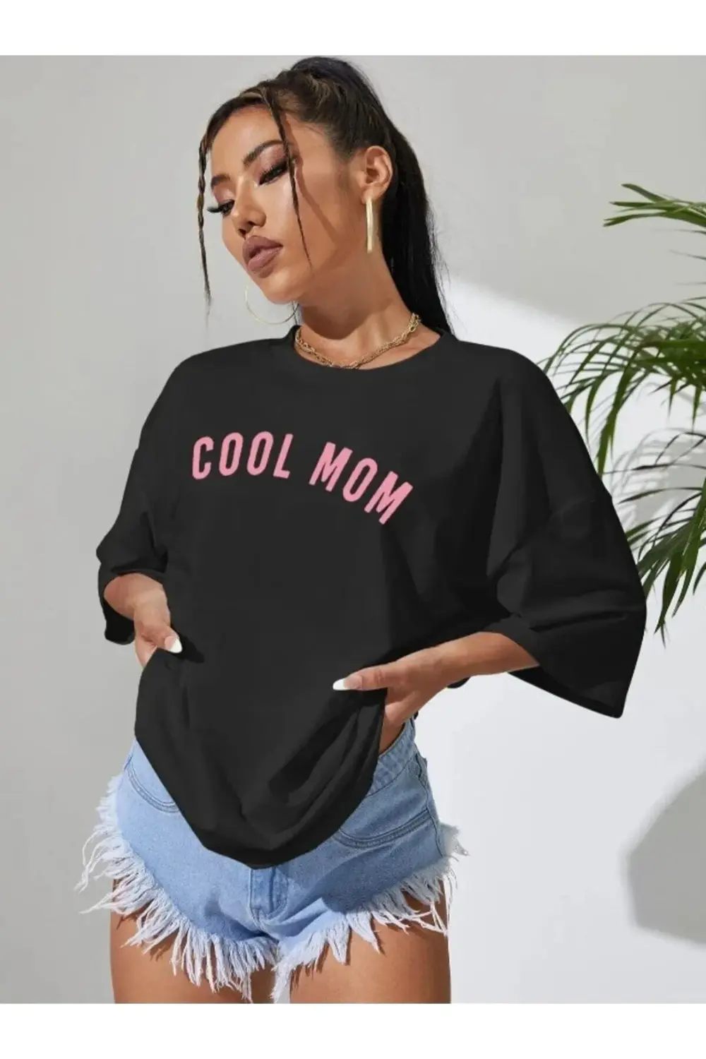 Kadın Siyah Cool Mom Baskılı Oversize Bisiklet Yaka Hamile Tişört