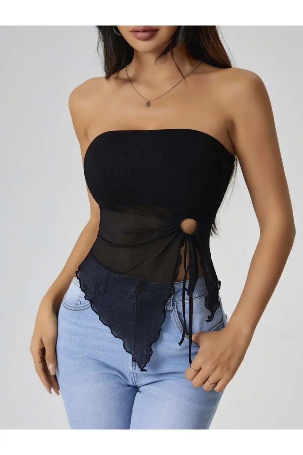 Kadın Siyah Crop Önden Halka Büzgü detaylı 5094