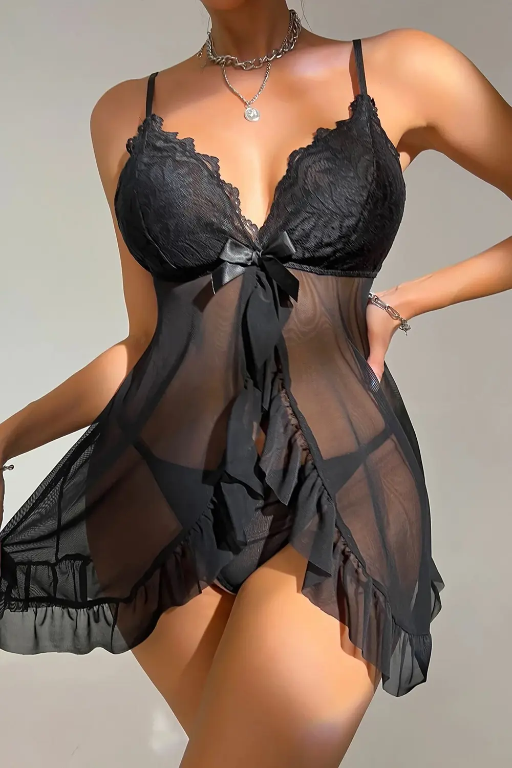 Kadın Siyah Dantelli, Fırfırlı Tül Ve Fiyonk Detaylı Tangalı Gece