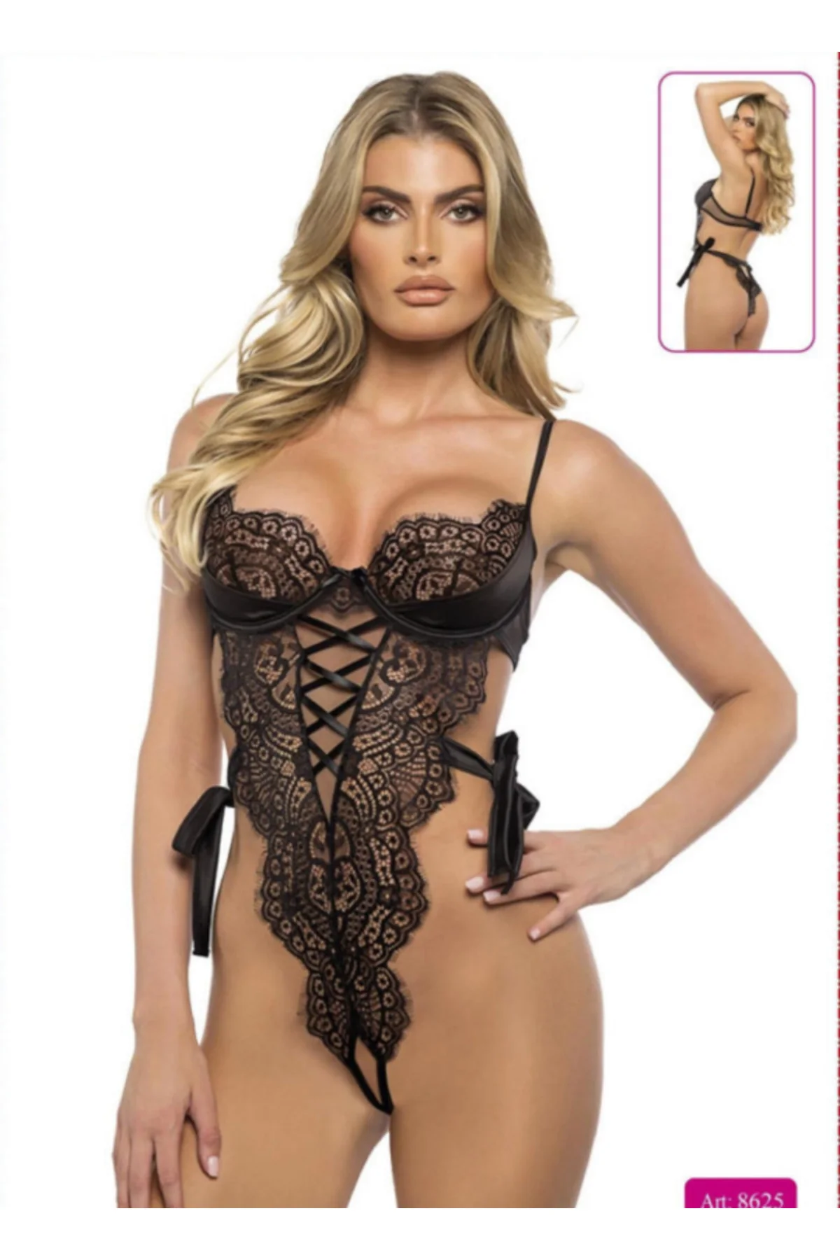 Kadın Siyah Dantelli Dekolteli Bağlama Detaylı Fantezi Body Bodysuit