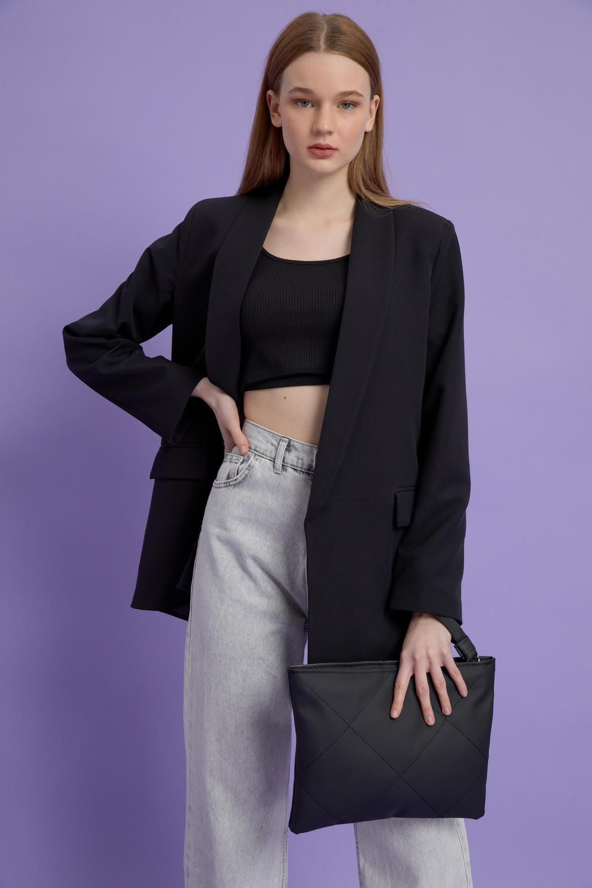 Shopandshop Kadin Siyah Deri Kapitone Clutch El Çantasi