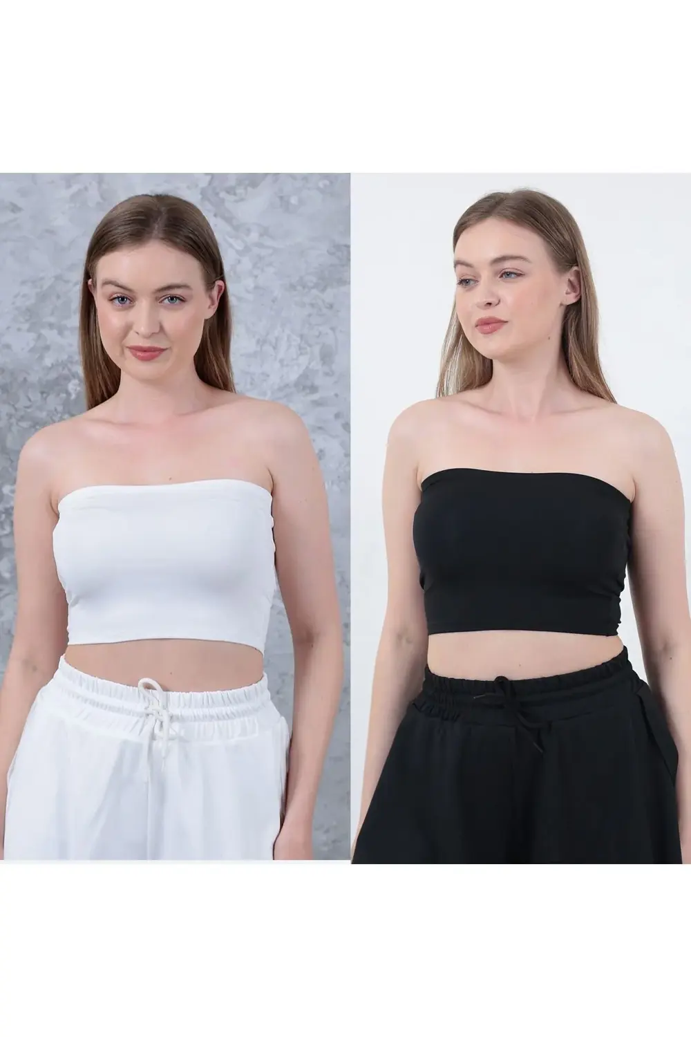 Kadın Siyah-Ekru Straplez Büstiyer Crop