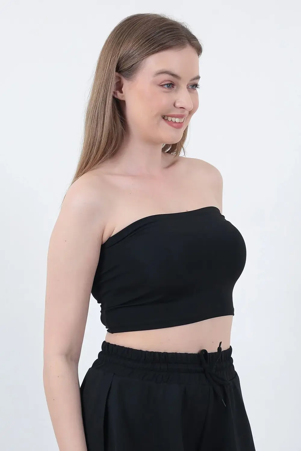 Kadın Siyah-Ekru Straplez Büstiyer Crop