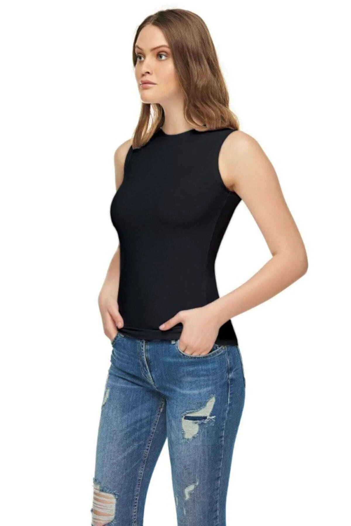Kadın Siyah Elastan Pamuklu Likralı Sıfır Kol Body  2'li