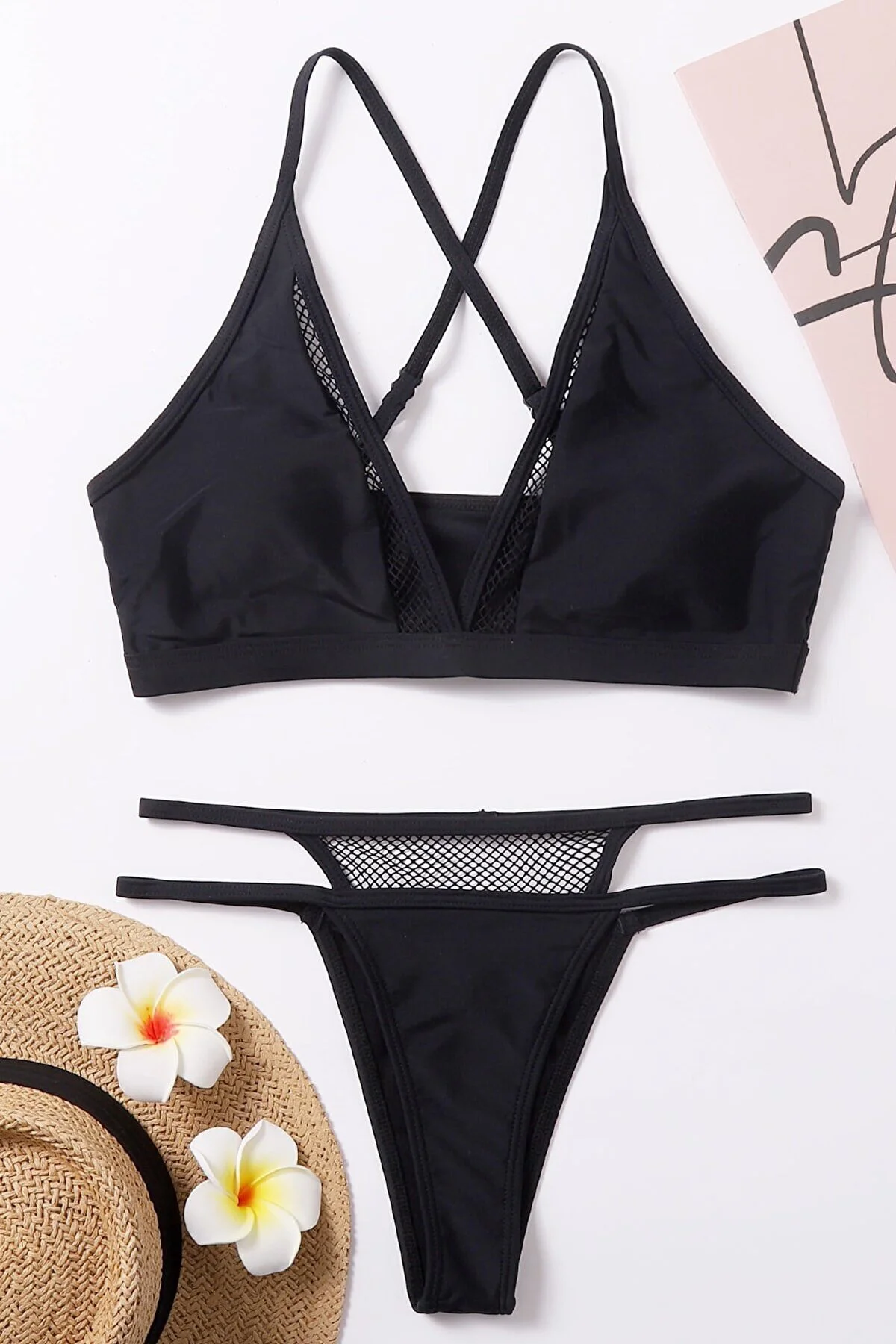 Kadın Siyah File Detaylı Iç Çamaşır Takımı