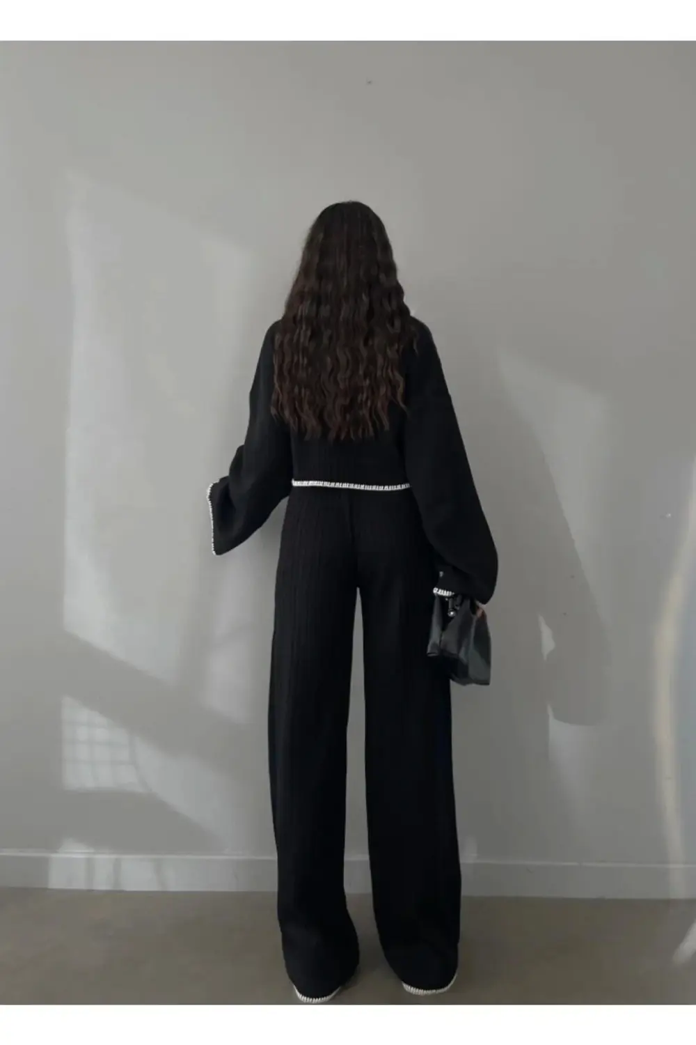 Kadın Siyah Fitilli Triko Takım