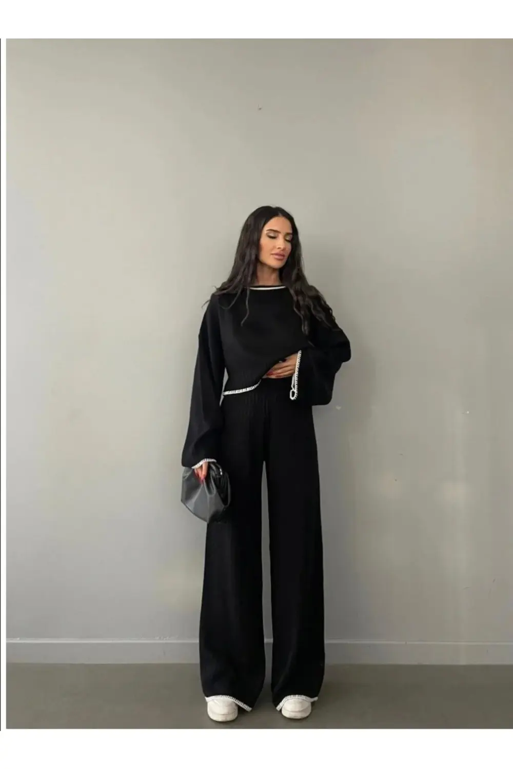 Kadın Siyah Fitilli Triko Takım